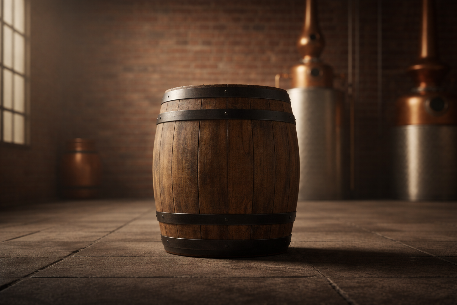 Wooden barrel in a dimly lit room with copper stills in the background
