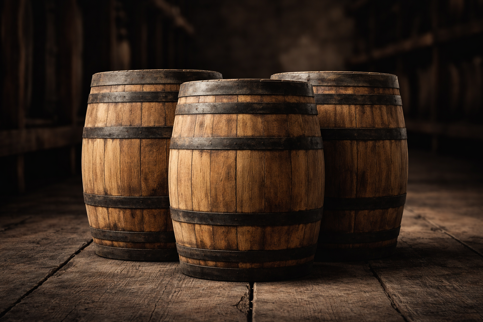 Three wooden barrels on a wooden floor with a dark background